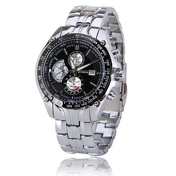 CURREN卡瑞恩 8083 日曆款仿兩眼計時質感紋路霸氣男錶-銀框黑面