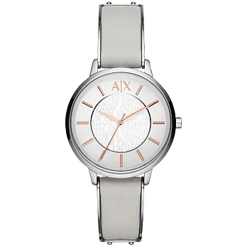 A│X Armani Exchange 輕聲愛語時尚皮帶腕錶-玫瑰金字x銀框灰