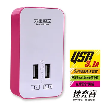 【太星電工】速充寶彩色3.1A 2USB充電器 AE325蜜桃紅