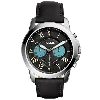 FOSSIL 古典伯爵三環計時腕錶-灰藍x銀框x灰皮帶