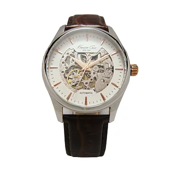 Kenneth Cole 視覺饗宴雙面鏤空時尚皮革機械腕錶-白-KC10027198