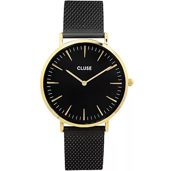 CLUSE 波西米亞不鏽鋼系列 黑錶盤/金錶框/黑色金屬錶帶38mm