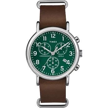 【TIMEX】天美時 Weekender Chrono週末三眼系列計時手錶 (綠面/深咖啡 TXT2P97400)