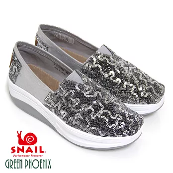 SNAIL蝸牛 串繩亮片金屬珠光輕量厚底休閒懶人鞋36銀色
