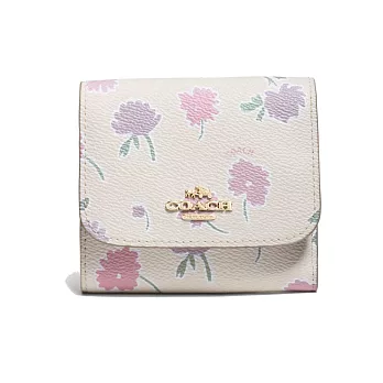 預購【COACH】立體LOGO花繪真皮折疊式短夾(淺白F55882)
