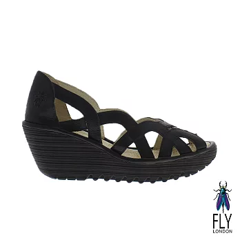 Fly London(女)Yad 鏤空真皮造型楔型高跟鞋 - EU38黑