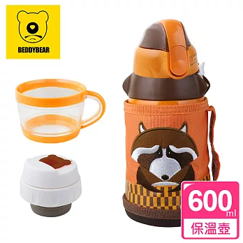 【韓國 BEDDY BEAR】兒童可背式保溫保冷水壺600ML(浣熊先生)