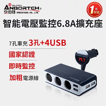 【安伯特】酷電大師 智能電壓監控6.8A7孔車充(3孔+4USB)擴充座 一鍵開關 電流過充保護