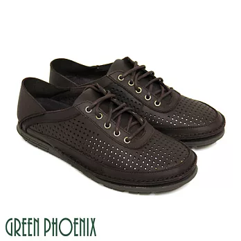 ◤Green Phoenix◥密集孔洞綁帶全真皮兩穿式平底休閒男鞋EU39咖啡色