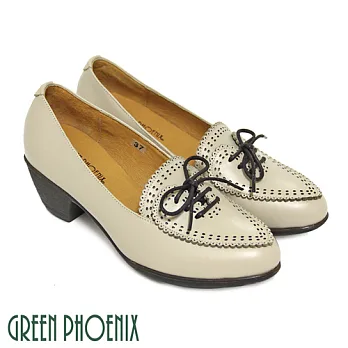 ◤Green Phoenix◥唯美花邊雷射雕花綁帶全真皮粗跟牛津鞋EU37米色