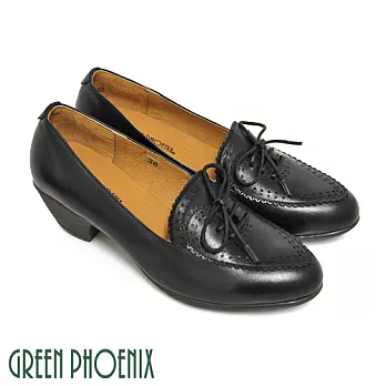 ◤Green Phoenix◥唯美花邊雷射雕花綁帶全真皮粗跟牛津鞋EU35黑色