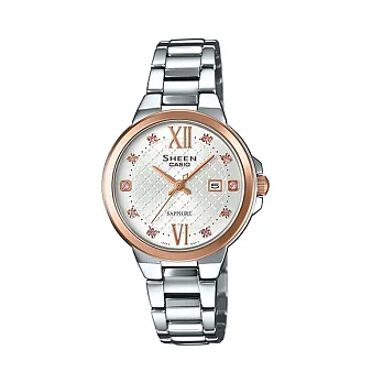 CASIO SHEEN 溫柔氛圍展現時尚女性錶款-銀+玫瑰金-SHE-4524SPG-7A