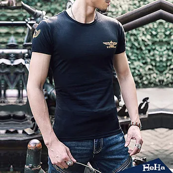 上衣 軍裝風修身彈性短袖T恤 二色-HeHa-M（黑色）