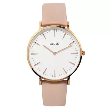 CLUSE荷蘭精品手錶 波西米亞玫瑰金系列 白錶盤/粉色皮革錶帶手錶38mm