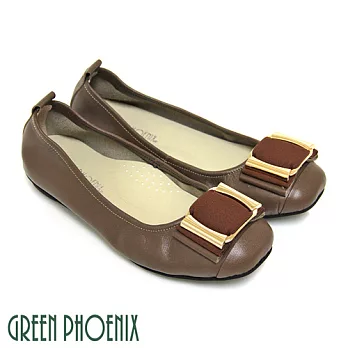 ◤Green Phoenix◥方型金屬異材質拼接束口帶全真皮平底方頭娃娃鞋JP22咖啡色