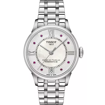 TISSOT CHEMIN DES TOURELLES AUTOMATIC LADY 劉亦菲完美展現配戴款-銀+紅寶石-T0992071111300