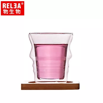 【香港RELEA物生物】210ml側顏曲線雙層耐熱玻璃杯(附竹製底座)