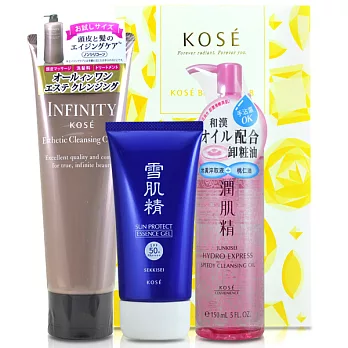 KOSE 高絲 精選寵愛三件組(無限肌緻深層結髮護髮素180ml+雪肌精極效輕透防曬凝膠81ml+蔻絲媚影涵萃潤肌精即效潔淨卸妝油150ml)(百貨專櫃貨)