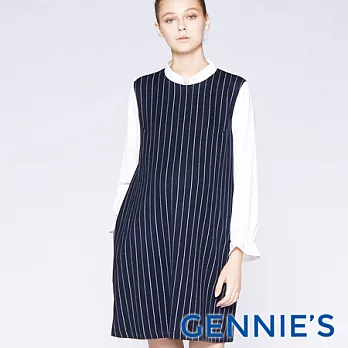 【Gennies奇妮】條紋質感優雅洋裝-深藍
