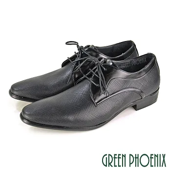 ◤Green Phoenix◥漸層渲染皮革壓花紋線條綁帶平底皮鞋EU42黑色