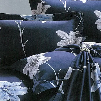 【eyah宜雅】全程台灣製100%精梳純棉雙人床罩兩用被全舖棉五件組-香水百合-藍