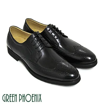 ◤Green Phoenix◥漸層渲染雷射雕花綁帶全真皮紳士皮鞋/德比鞋EU39黑色