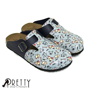 【Pretty】童趣狗狗拼色牛皮包頭拖鞋EU36藍色