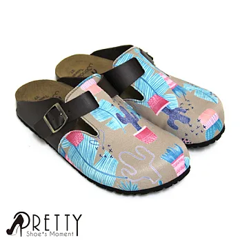 【Pretty】小清新綠葉仙人掌牛皮包頭拖鞋EU35咖啡色