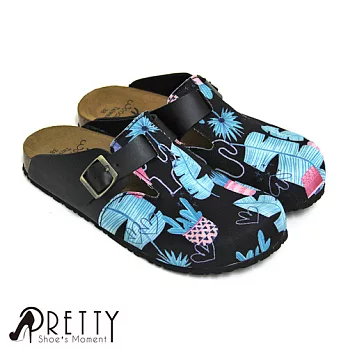 【Pretty】小清新綠葉仙人掌牛皮包頭拖鞋EU35黑色