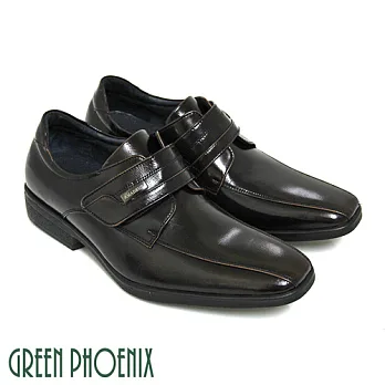 ◤Green Phoenix◥方型金屬裝飾線條感沾黏式全真皮紳士皮鞋EU40古銅色