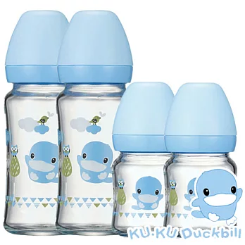【KUKU酷咕鴨】超矽晶寬口玻璃奶瓶-2大2小藍