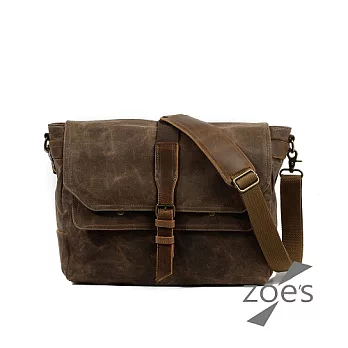 【Zoe s】歐美自由行 蠟染帆布X瘋馬皮郵差掀蓋包(時尚棕)