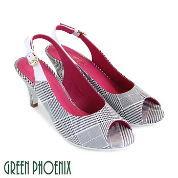 ◤Green Phoenix◥國際精品復刻千鳥格紋金屬扣環義大利小羊皮高跟魚口涼鞋EU36.5白色