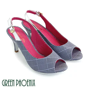 ◤Green Phoenix◥國際精品復刻千鳥格紋金屬扣環義大利小羊皮高跟魚口涼鞋EU35.5黑色