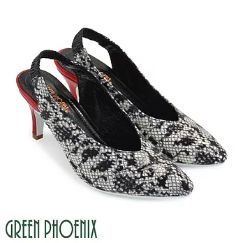 ◤Green Phoenix◥國際精品皮革壓紋金屬線絲義大利羊皮高跟尖頭V口鞋EU36黑花