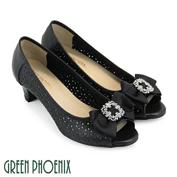 ◤Green Phoenix◥緞面蝴蝶結方形水鑽花紋孔洞全真皮中跟魚口鞋US6黑色