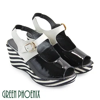 ◤Green Phoenix◥歐美鏤空一字金屬扣環全真皮楔型魚口涼鞋EU34黑色