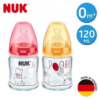 德國NUK-迪士尼寬口玻璃奶瓶120ml-附1號中圓洞矽膠奶嘴0m+(顏色隨機出貨)