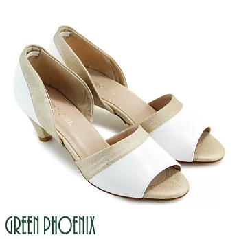 ◤Green Phoenix◥皮革壓紋雙彩撞色光澤全真皮中跟魚口鞋US5白色
