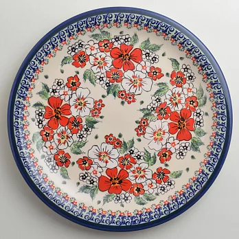 波蘭陶 紅白彩卉系列 圓形餐盤 27cm 波蘭手工製