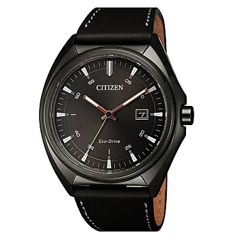 CITIZEN 簡約皮革光動能腕錶-黑X咖