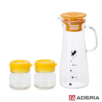 【ADERIA】日本進口貓咪耐熱玻璃把手冷水壺900ml(黃)+果汁瓶200ml2入組