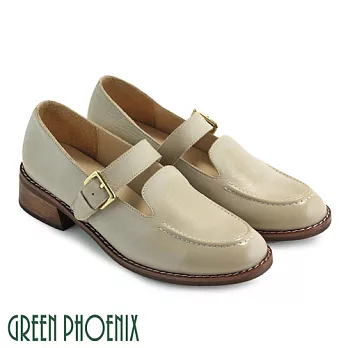 ◤Green Phoenix◥文青漸層渲染一字金屬扣環全真皮粗跟瑪莉珍鞋US8米色