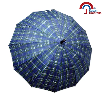 【Kasan 晴雨傘】大傘面12K銀格自動直傘(藍綠格)