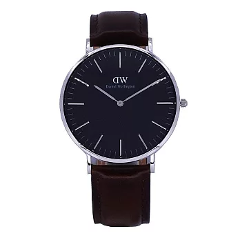 DW Daniel Wellington 經典中的珍貴收藏時尚優質皮革腕錶-深咖啡+銀殼/40mm-DW00100131