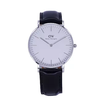 DW Daniel Wellington 經典中的珍貴收藏時尚優質皮革腕錶-黑+銀殼/36mm-DW00100053