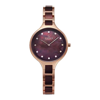 OBAKU 奢華水鑽珍珠母貝精緻腕錶-棕色x玫瑰金