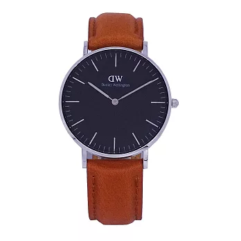 DW Daniel Wellington 經典中的獨特時尚優質麝香型咖啡皮革腕錶-銀殼+黑面/36mm-DW00100144