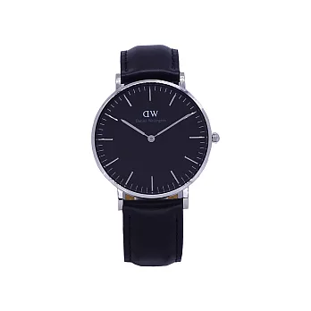 Daniel Wellington 經典中的珍貴收藏時尚優質皮革腕錶-黑+銀殼/36mm-DW00100145