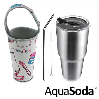 美國AquaSoda 304不鏽鋼雙層保溫保冰杯(含提袋超值組合)-時尚米白